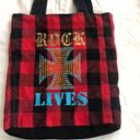 2000s y2k Black and red plaid tote bag with rhinestone bedazzled cross design punk rock grunge goth biker Photo 1