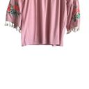 Umgee  WomenTop Crew Boat Neck 3/4 Tassel Embroiled Flower Bell Sleeve Boho Pink Photo 5