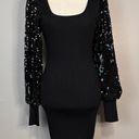 Vine & Love  Black Sequin Bishop Sleeve Ribbed Bodycon Mini Dress Sz L Photo 1