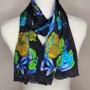 Oscar de la Renta  Vintage Black and Floral‎ Silk Scarf With Fringe Photo 2