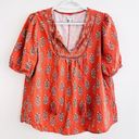 Wonderly  Burnt Orange Feather Print Linen Cotton Blend Boho Blouse ~Size Large Photo 0