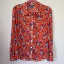 Modcloth  Orange Colorful Floral Sheer Collared Button Up Blouse Top ~ Size L Photo 0