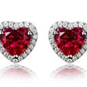 18K White Gold Plated Diamond Red GemStone Ruby Love Heart Stud Earrings for Women Photo 2