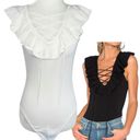 Central Park West New  Lace Up Ruffle Sleeveless Knit Bodysuit White Photo 1