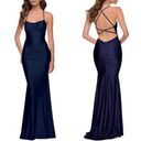 La Femme  Shiny Jersey Blue Open Back Trumpet Gown Dress Photo 1