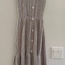 Caution to the Wind Earthtone cottage ruffled midi dress, taupe & white, medium Photo 0