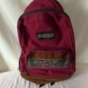 Jansport Vintage 90s  Backpack Suede Leather Bottom Maroon Red Floral Unisex Photo 5