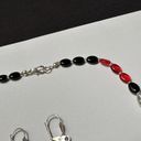 Black & Red Beaded Pierced Dangle Earrings & Necklace 19 1/2 Inch Photo 1