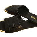 DKNY  Logo Flat Slides Womens Sz 8.5M Black Gold Accents Square Toe Faux Leather Photo 7