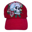 Ed Hardy Y2K Floral Skull Embroidered Red Corduroy Hat Photo 1