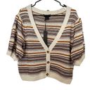 House of Harlow  1960 Metallic Striped Cream Brown Puff Sleeve Cardigan Sweater L Photo 2