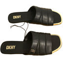 DKNY  Logo Flat Slides Womens Sz 8.5M Black Gold Accents Square Toe Faux Leather Photo 5