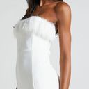 Showpo RHAIZA MINI DRESS - FAUX FEATHER TRIM STRAPLESS DRESS IN WHITE Photo 1