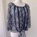 Full Tilt  Navy Blue & White Sheer Floral Print Tie-Front Blouse Photo 0