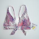 Raisin's NWT  Palm Leaf Print Triangle Bikini Top Strappy Tie Back White Pink Med. Photo 0