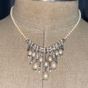 Monet Vintage  18” Silvertone Metal Chain Hanging Dangly Bib Style White Faux Pearl Rhinestone Photo 0