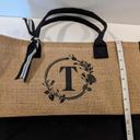 Top Design Monogrammed Initial “T” Jute Canvas Tote Bag​​ Tan Photo 3