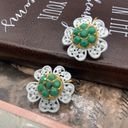 Petal 1950s Vintage Large Green Jade White Flower  Earrings Gold Tone Photo 6