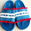 American Eagle  Outfitters Blue Denim Boho Red Puff Slip-on Sandals-Size 8 Photo 0