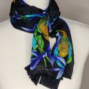 Oscar de la Renta  Vintage Black and Floral‎ Silk Scarf With Fringe Photo 3