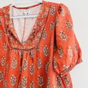 Wonderly  Burnt Orange Feather Print Linen Cotton Blend Boho Blouse ~Size Large Photo 5