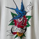 Ed Hardy Vintage Y2K Creme Blue Bird Rose “Love” Tattoo Graphic Short Sleeve Tee Photo 3