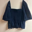 Draper James  Navy Blue Puff Sleeve Square Neckline Peplum Hem Eyelet Top size M Photo 3