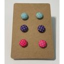 None Fabric Covered Button Earrings Stud Set Pink Purple Teal Blue Polka Dots Round Photo 4