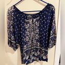 Angie  Size Large Navy Blue 3/4 sleeve Paisley 100% Rayon Blouse Photo 0