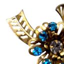 Vintage Blue  Faceted Flower Gold Tone Fashion Brooch Pin Open Work Round Stones Photo 5