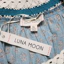 Luna  Moon Crochet Boho Peasant Printed Long Sleeve Blouse Teal Blue Size XL Photo 4