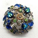 Vintage Blue , Green, & Silver Floral Brooch Photo 0