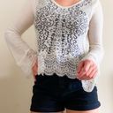 Free People Cream & Black Print Long Sleeve Sweater With Lace Hem Bell Sleeves Photo 1