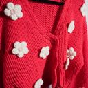 Anthropologie Luna & Ivy  Red Chunky Sweater Cardigan 3D Flowers Balloon Sleeve L Photo 2