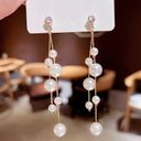 Elegant White Pearl Long Dangle Drop Earrings for Women Gold Photo 1