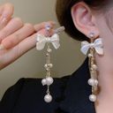 Elegant Bow White Pearl Dangle Drop Earrings for Women Gold Photo 3