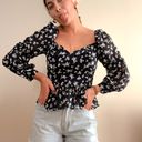 Lane 201 Navy Blue Flattering Floral Long Sleeve Puffy Sleeve Peplum Blouse Top Photo 0