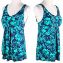 L.L.Bean  Soft Drape Tankini Top 12 Blue Green Floral Adjustable UPF 50+ Photo 1