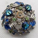 Vintage Blue , Green, & Silver Floral Brooch Photo 1