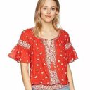 The Moon ✨Ella Top Boho Sz Large  Shirt Red Smocked Waist Ruffle Sleeve Tassel Tie✨ Photo 0