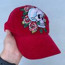 Ed Hardy Y2K Floral Skull Embroidered Red Corduroy Hat Photo 4