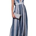 Luxxel  Plunging Halter V-Neck Striped Sparkly Maxi Dress in Silver/Blue Photo 0