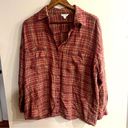 Max Studio  Women’s Red Brown Plaid Relaxed Fit Button Down Shirt Size L Photo 0