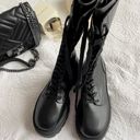 Pull & Bear Black faux leather lace-up platform chunky soles winter combat boots booties shoes  Photo 4