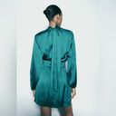 ZARA NWT  Satin Effect Mini Dress Sz Small Teal Blue Pleated Tie Back Photo 3