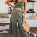 Hello Molly  Women 4 Green Linen Jumpsuit Crop Wide Leg Front Tie Stretch Casual Photo 0