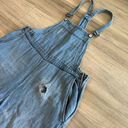 Free People  Slouchy Boyfriend Linen Blend Patch Detail Light Wash Overalls Photo 4