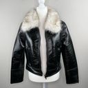 Unreal Fur Wet Look Aviator Biker Jacket Faux Leather & Fur Black Size Large NWT Photo 4
