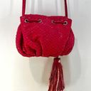 Henri Bendel  Small Drawstring Bucket Crossbody Tassel Fish Leather Emboss Pink Photo 11