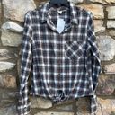 Roxy  long sleeve brown plaid button down shirt front knot tie size large NEW Photo 3